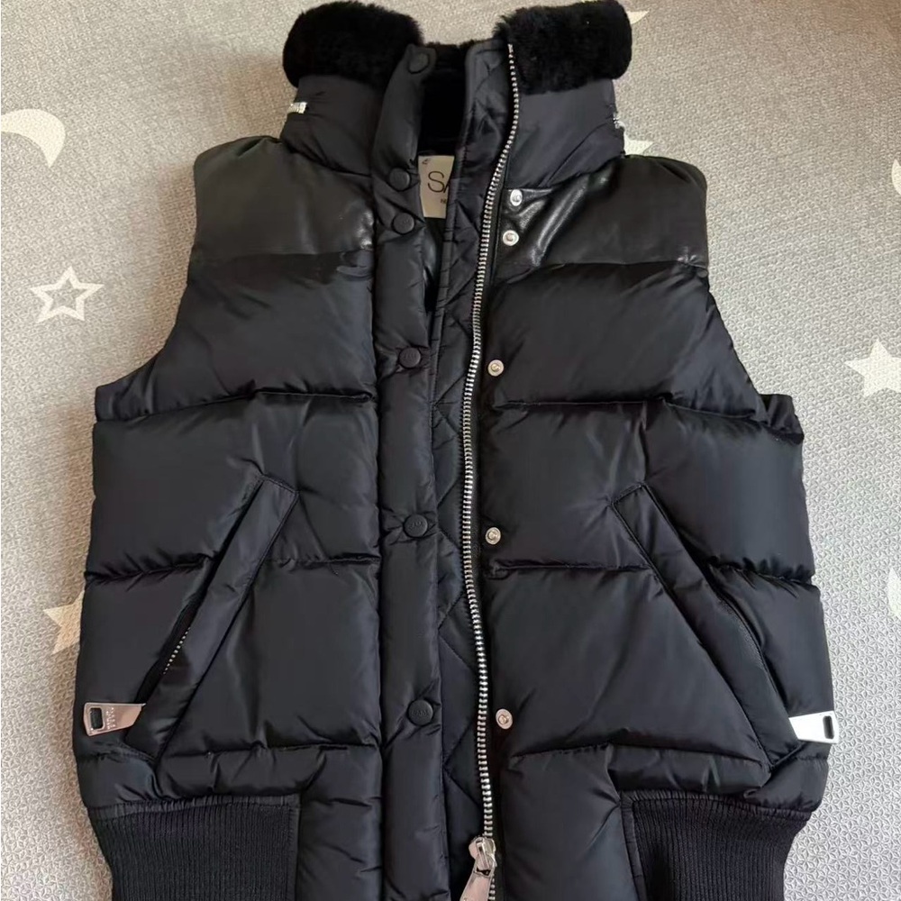 SAM Black Puffer Vest with Fur Trim